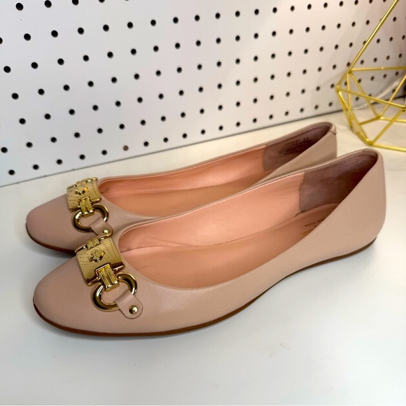 Kate Spade Phoebe Blush Pink Leather Flats with Gold Buckle Preppy Size 9.5M - Picture 1 of 16